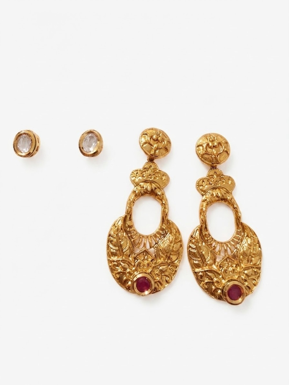 Gold Filigree Drop Earrings with Ruby Accent - Women Jewelry